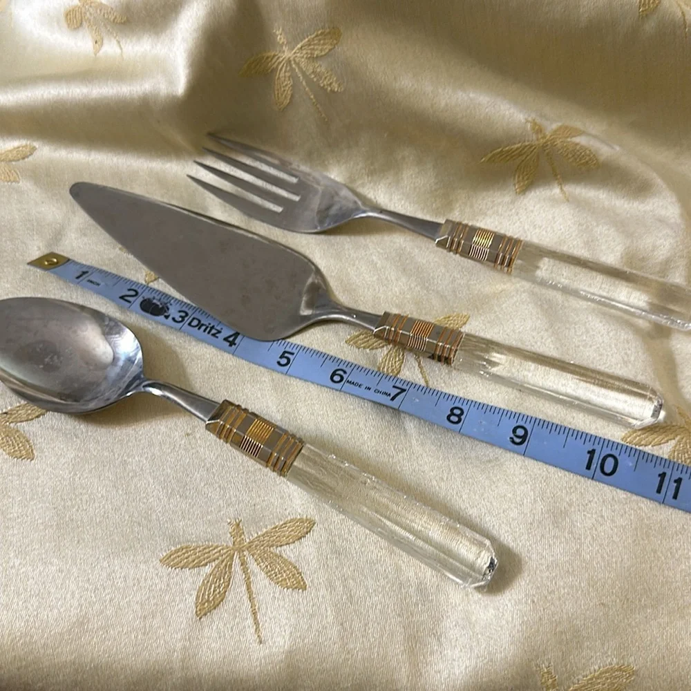 Vintage Japan Stainless Lucite 3 Piece Serving Utensil Set. Fork / Spoon / Cake.